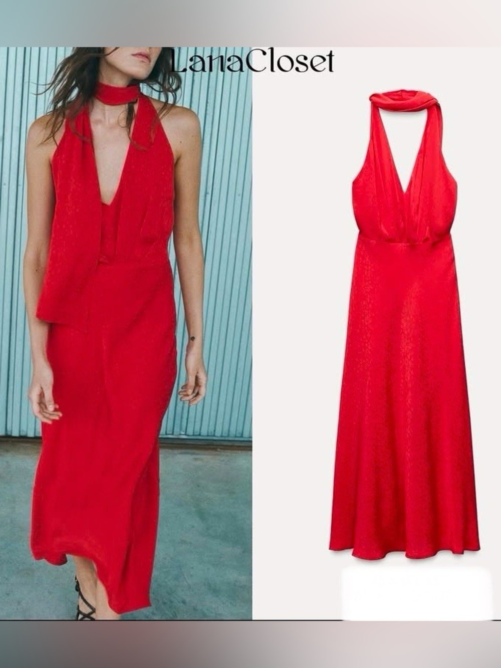 Zara floral jacquard v-neck halter red long dress with tie sz.S - Picture 6 of 16